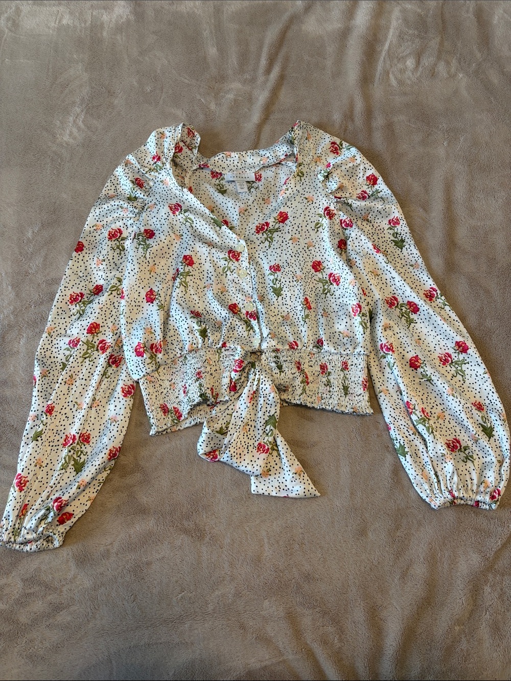 Floral Tie-Front Long Sleeve Crop Top - White with Pink Roses